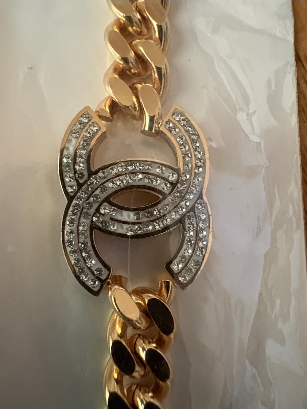 Gold-Tone Curb Chain Bracelet with Crystal Interlock - Picture 3 of 3